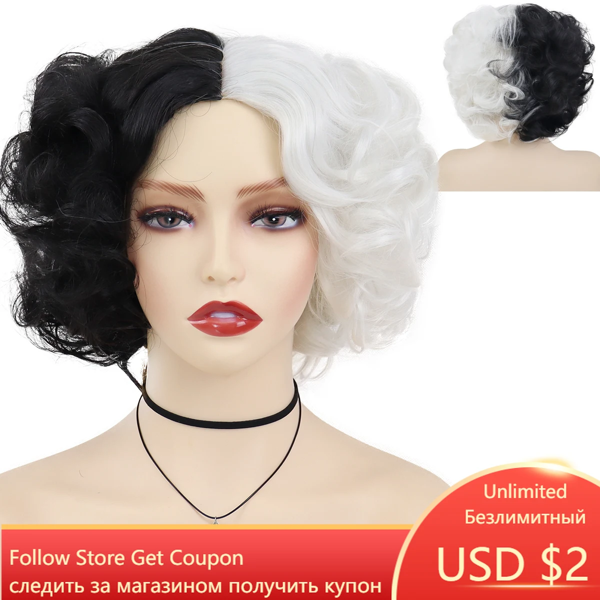 

GNIMEGIL Synthetic Cruella Wigs Anime Cosplay Wig De Vil Halloween Costume for Women Curly Wigs Half Black White Wig with Bangs