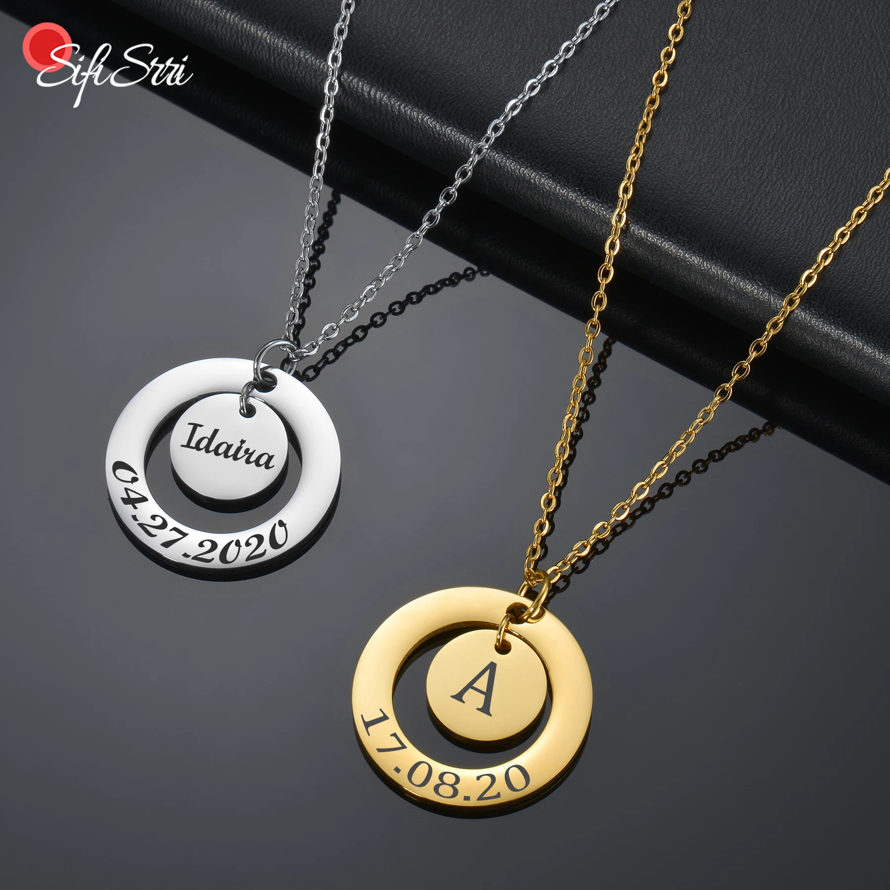 

Sifisrri Personalized Laser Engrave Name Date Round Pendant Necklace for Women Men Stainless Steel Family Custom Jewelry Gift