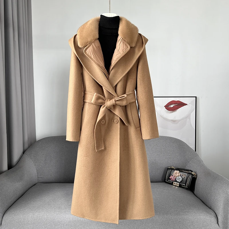 

PUDI Women New Wool Blend Winter Warm Long Jacket Duck Down Lining Design Coat With Mink Fur Collar CT2156