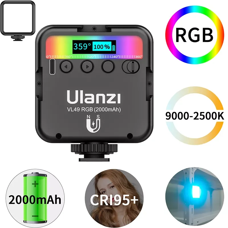 

Ulanzi VL49 RGB Mini LED Video Light 2000mAh 2500K-9000K Portable Photography Lights Vlog Fill Light for DSLR SLR Camera Lamp
