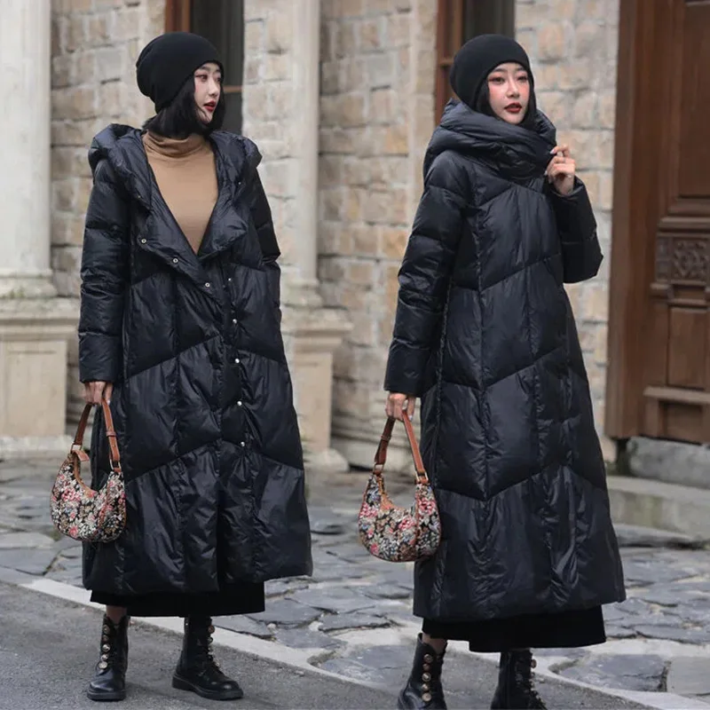 Winter 2022 New Long Down Jacket Women Artistic Print National Wind Large Size Thick Warm Hooded White Duck Down Coat Female