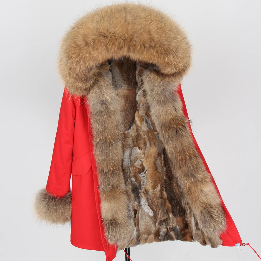 

Winter Women Real Fur Coat Long Rabbit Fur lining hooded Parka Large Raccoon fur Collar Thick Warm Jacket Star same style
