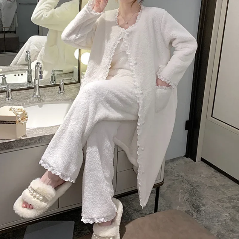 Зимний пижамный комплект из 3 предметов кораллового флиса женская одежда для сна