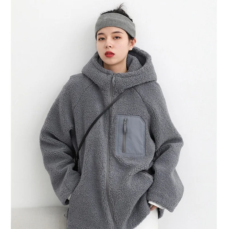 

Y2K women's winter cardigan jacket with hood and cashmere lamb wool coat mid length polar fleece loose warm cardigan jacket