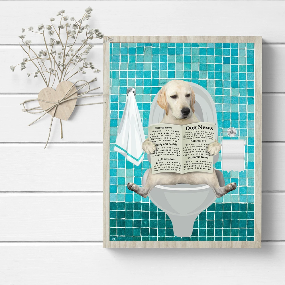 

Dog Reading Newspaper On Toilet Retro Art Poster Print Bathroom WC Wall Labrador Pet Animal Canvas Painting Pee Room Home Decor
