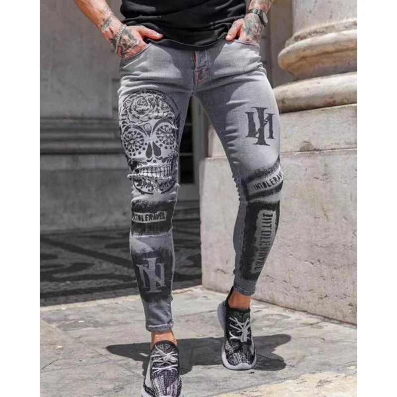 2022 Men's Clothing Jeans Devil Pattern Skinny Stretch Trousers Fitness Casual High Quality Pants Youth Pantalones Hombre Urbano