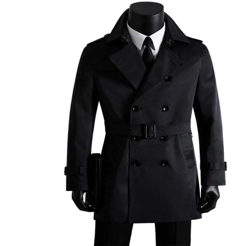 

Black Slim Fit Trench Coat Mens Mid-Length Spring And Autumn Handsome British Style Abrigos Jaqueta Masculina Motoqueiro Khaki