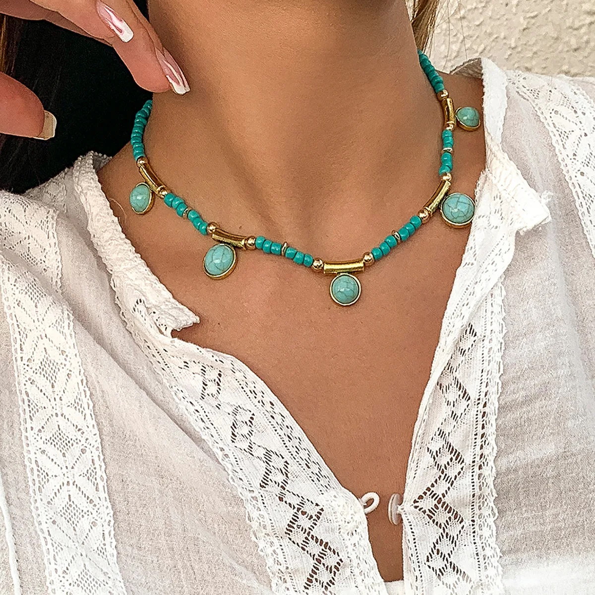 

Geometric tassel hanging ball necklace pastoral mix round bead chain pendant