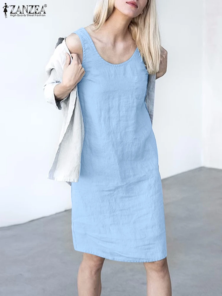 

Платье ZANZEA женское без рукавов, повседневный Однотонный сарафан до колена с круглым вырезом, праздничное пляжное, лето 2023