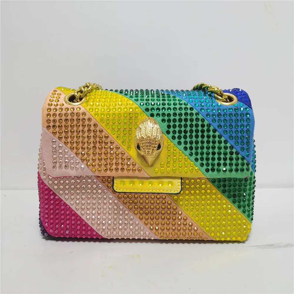 

Rainbow Eagle Head Handbag Suede Diamond Women Purse Jointing Colorful Cross Body Bag Patchwork Crystal Handbag