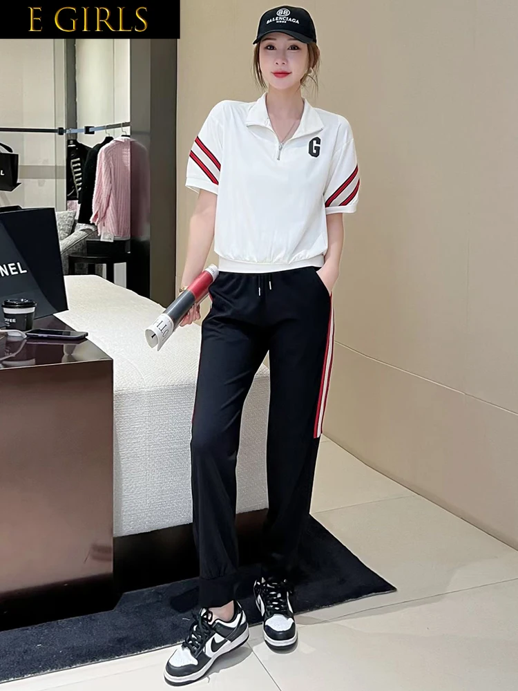 

F GIRLS Casual Fashion Suit Women Tracksuit 2023 Summer New Korean Oversized Stand Collar Green Top+Leg-Tied Sport Pants Two Pie