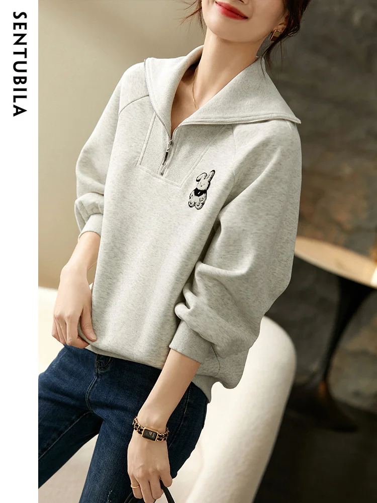 

Sentubila Half Zip-up Loose Sweatshirts for Women 2023 Spring Autumn Casual Half Open Collar Pullover Long Sleeve Tops Vintage