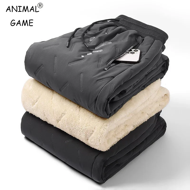 

Winter Zip Pockets Thicken Fleece Sweatpants Men Joggers Black Grey Down Cotton Warm Pants Male Water Proof Thermal Trousers 7XL