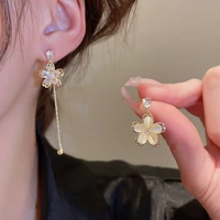 cute shiny opal flower stud earrings for women cubic zirconia gold tassel dangle earrings korean fashion sweet girls jewelry
