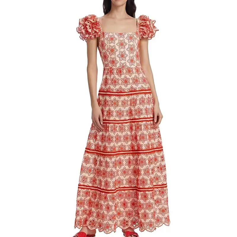 

Heavy Hollow Out Embroidery Women Dress Fashion Print Sexy Flying Sleeve A-Line Dresses 63015