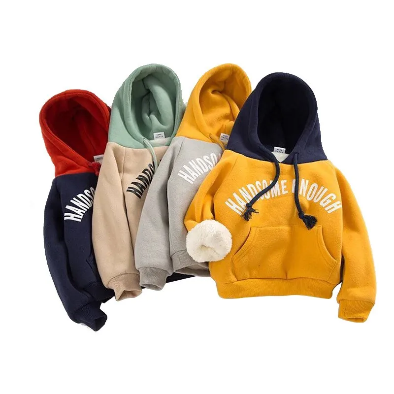 

Thicken Plush Sweater For Kids Boys Letter Hooded Sweatshirts Fashion Outerwear Autumn Children Tops Winter Warm Jackets