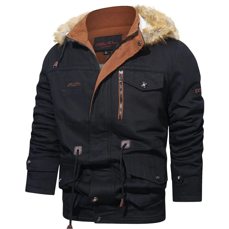 2022 Men's Winter Thick Warm Cargo Jacket Casual Fleece Hooded Windproof Parka Male Solid Multi Pocket Jacket Plus Size 4XL 5XL