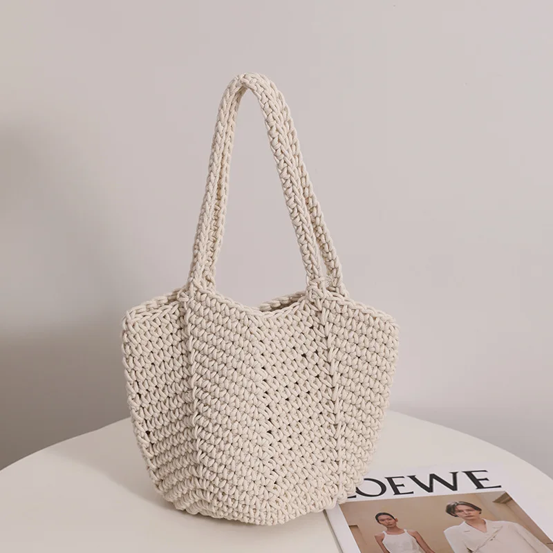 

Retro Ins Cotton Knitting Women Shoulder Bag Straw Woven Girls Holiday Beach Bag