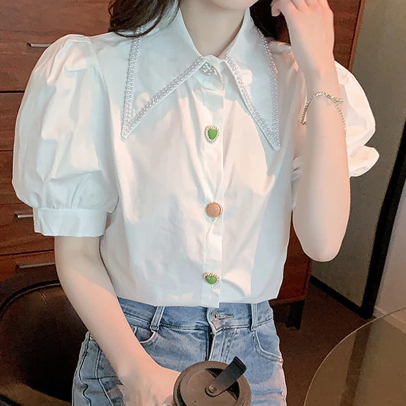 Puff Sleeve Point Collar Shirt Short Sleeve Women's Summer Dress 2022 New Design Fashion Cardigan  Top  Button