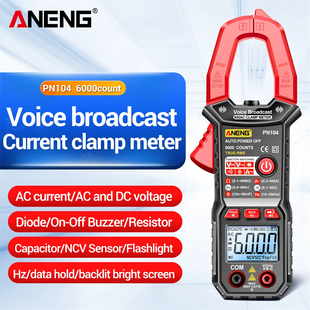 

ANENG PN104 Clamp Meter AC Current Voice Broadcast Multimeter AC DC Voltage Tester Car Amp Hz Capacitance NCV Ohm Tester Tools