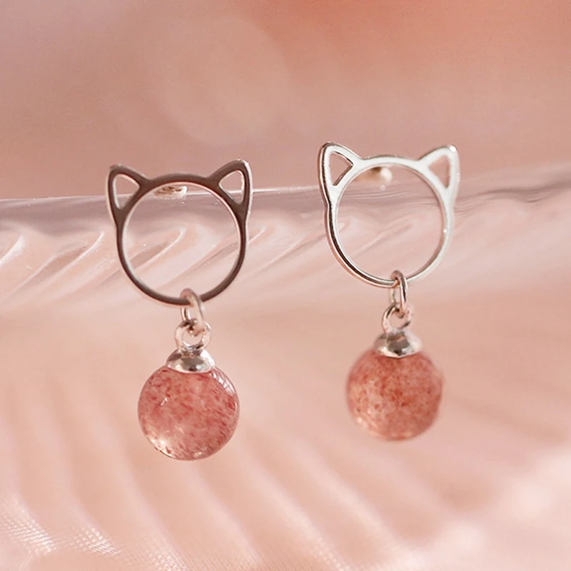 

Fashion Cute Cat Drop Earrings Jewelry Hanging Strawberry Crystal Stone Women's Statement Wedding Dainty Fun Gifts