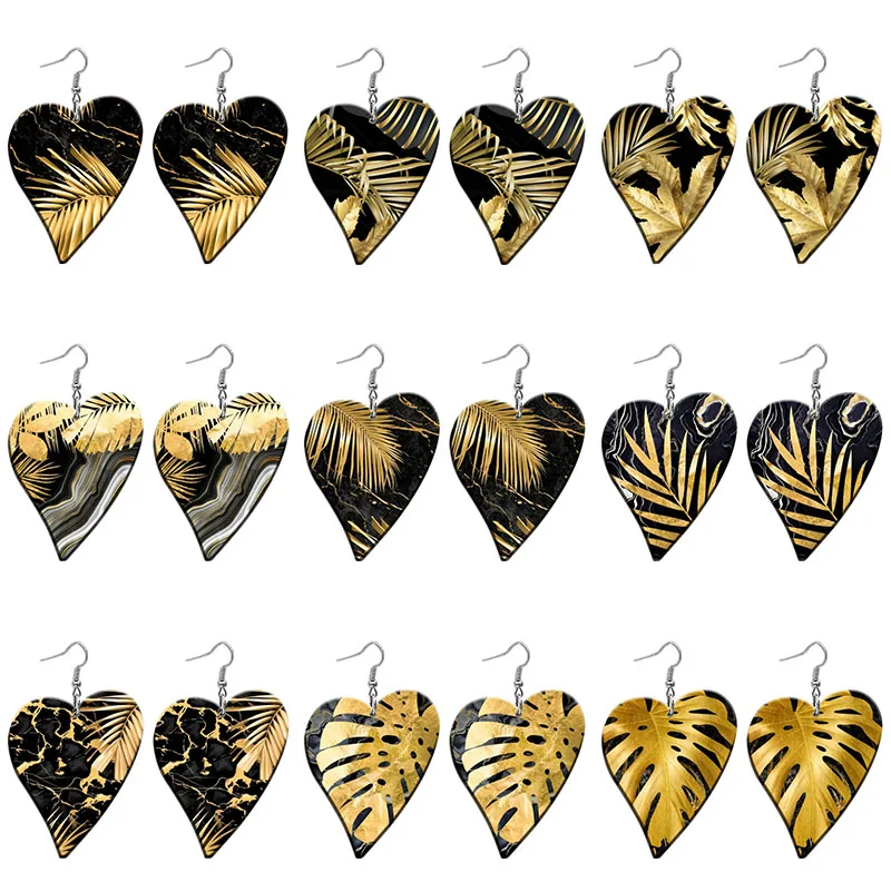 

Golden Leaves Art Pattern Acrylic Heart Drop Earrings For Women Stainless Steel Piercing Ear Hooks Jewelry Girls' Gift Z1230