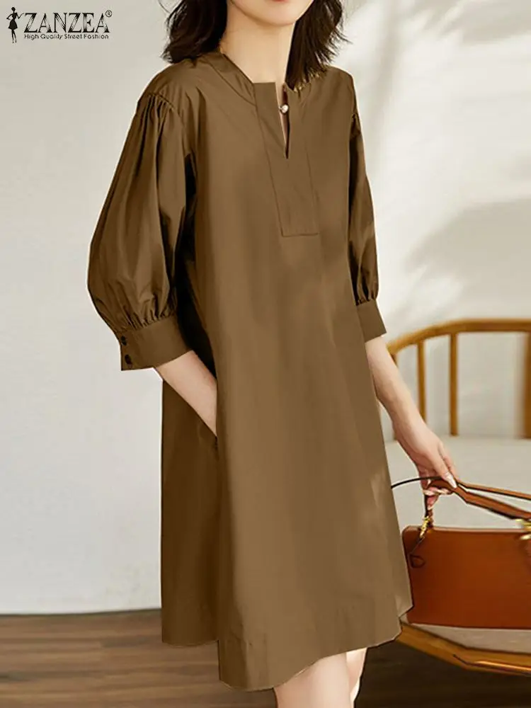 

Мини-платье ZANZEA женское с пышными рукавами, модное короткое однотонное платье с круглым вырезом, повседневное свободное, 3/4 халаты, лето 2023