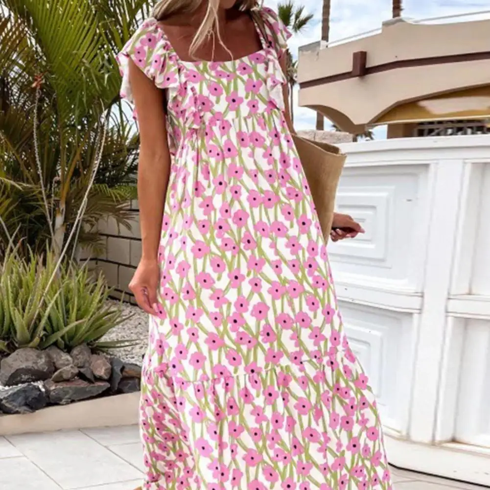 

Square Collar Mid-Rise Large Hem Maxi Dress Summer Elegant Floral Print Short Sleeve Dress Female Clothing