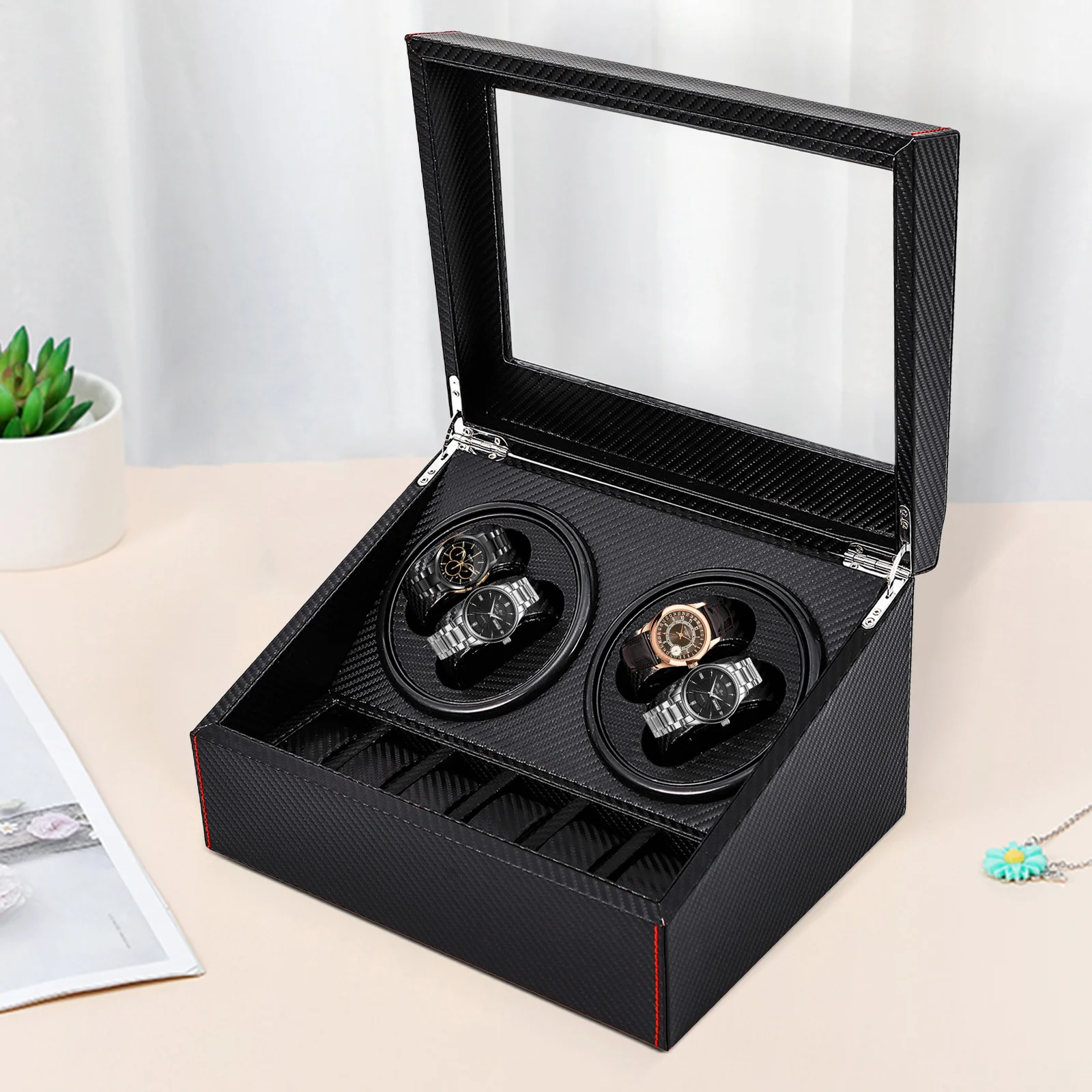

Watch Winder Pu 4+6 Black Electric Watches Organizers Storage with Charging Cable Christmas Gifts Birthday Presents