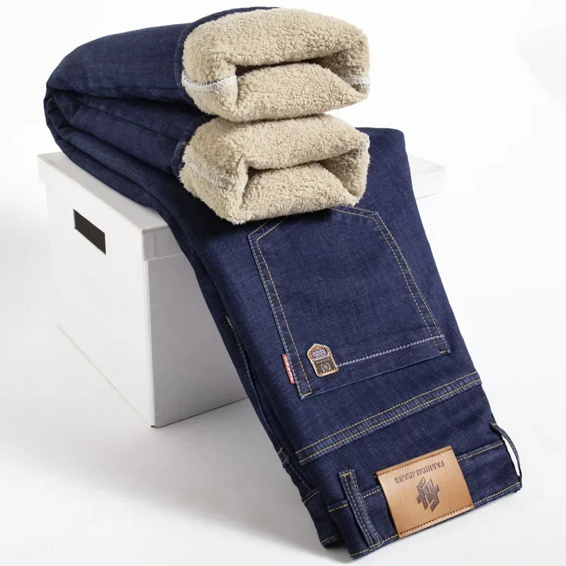 

Winter Lamb Fluff Denim Straight Pants Men Thicken Big Size 40 Jeans High Waist Stretch Jeansy Fleece Lined Warm Slim Vaqueros