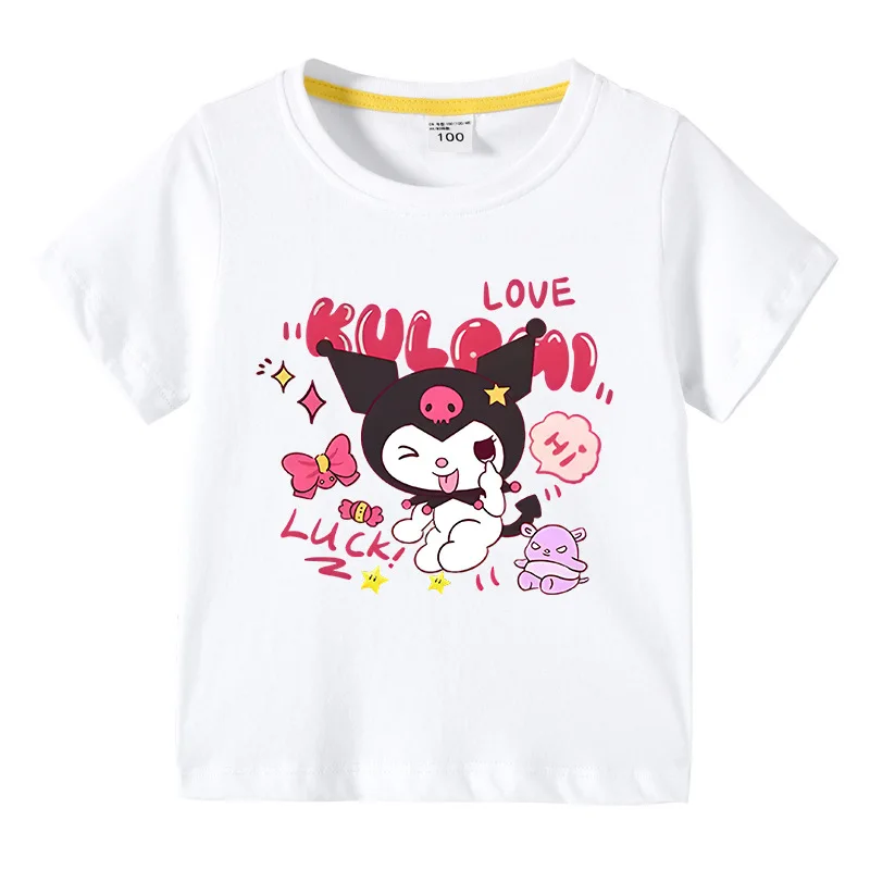 

New Children's Clothes for Girls Cute Cartoon Kuromi T Shirts Summer Short Sleeve T-shirt Baby Girls Kawaii Top Tess Cotton