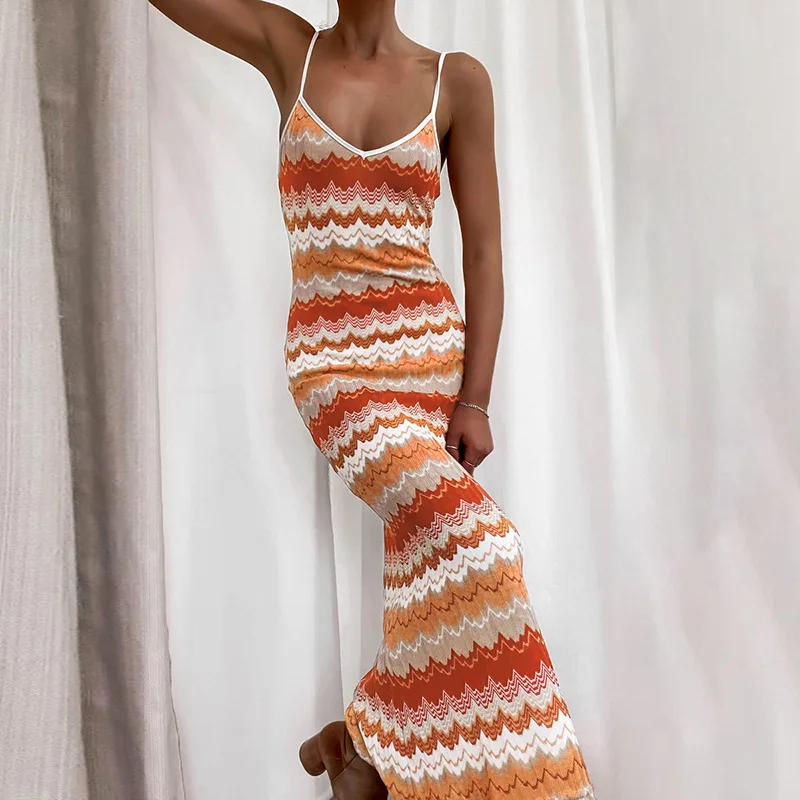 

2022 SummerSkirt National Style Print Color Contrast Strap Knitted Dress