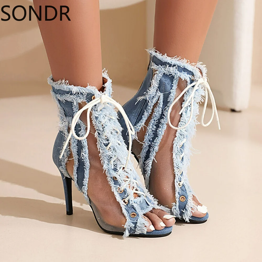 

Womens Peep Toe Denim Jeans Ripped Ankle Sandals Mesh Lace Up Stilettos High Heel Shoes Cut Out 9styles Plus Size New 2022