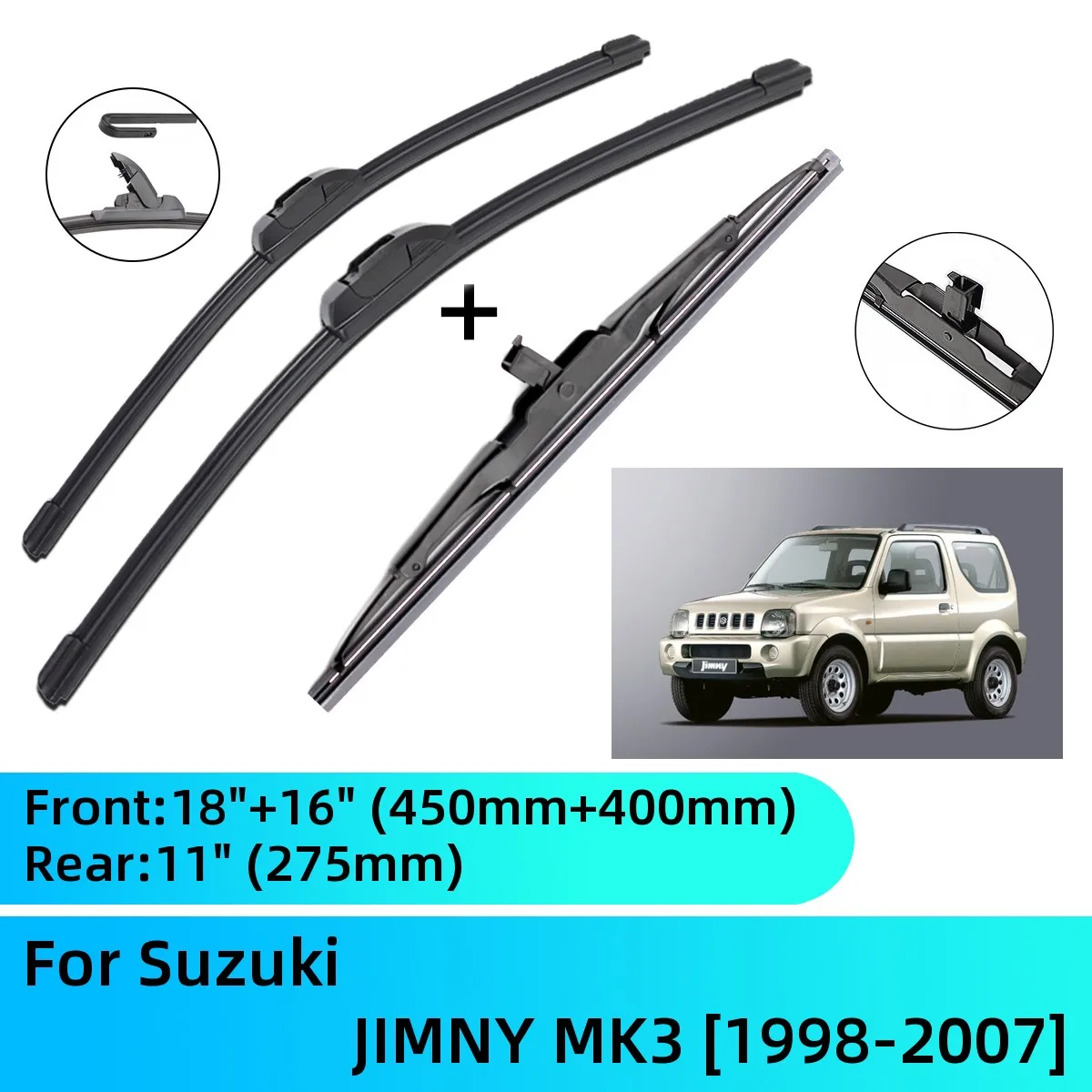 Suzuki JIMNY için MK3 1998-2007 ön arka cam silecek lastikleri fırçalar kesici aksesuarları J kanca 1998 1999 2000 2001 2002 2003 2004 2005