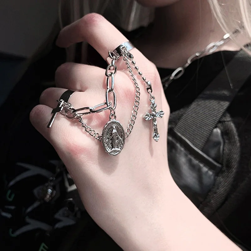 

Punk Cross Knuckle Ring with Chain Tassel Women Men Opening Finger Ring Jewelry Link Chain Finger Ring Gothic Jewelry Party Gift