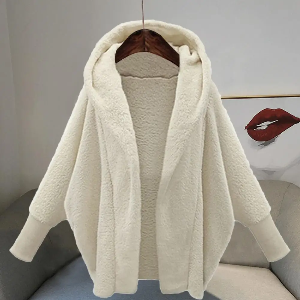 

Double-sided Plush Chic with Hat Elastic Cuff Women Coat Loose Lady Jacket Hooded for Shopping