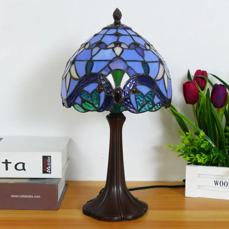 8-дюймовые витражи синий цветок лотоса стоячие настольные лампы для чтения