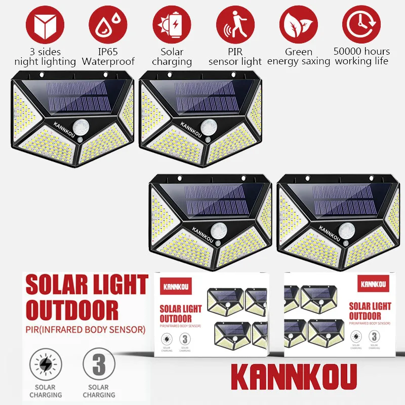 KANNKOU 100LED Solar Lights Outdoor 3 MODE PIR Motion Sensor IP65 Waterproof Outdoor Solar Light