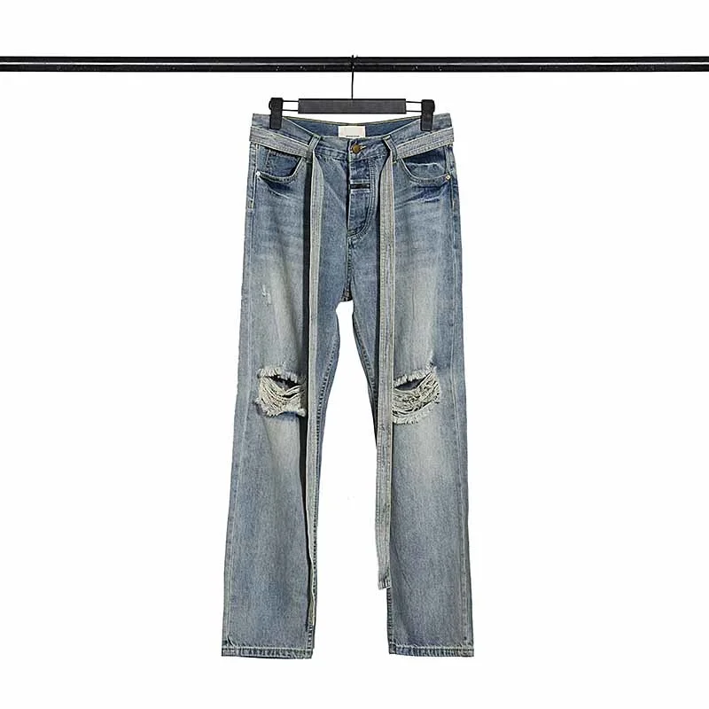 

Sixth Collection Essentials Ribbon Jeans Men's Hip hop Streetwear Washed Old Hole Pants Fashion Blue Denim Trousers