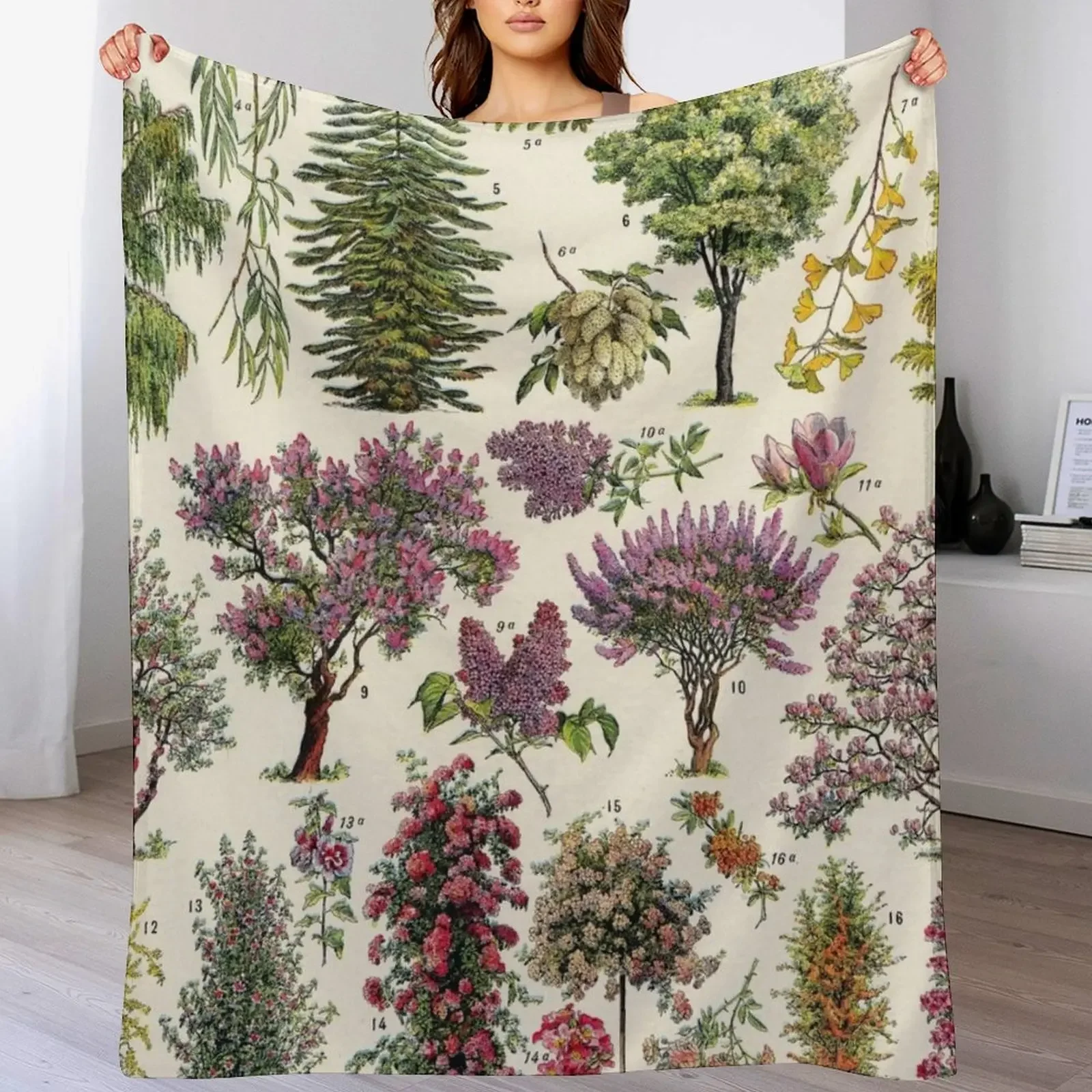 Adolphe Millot - jardin Arbres d ornement 02 Винтажное французское ботаническое одеяло в клетку