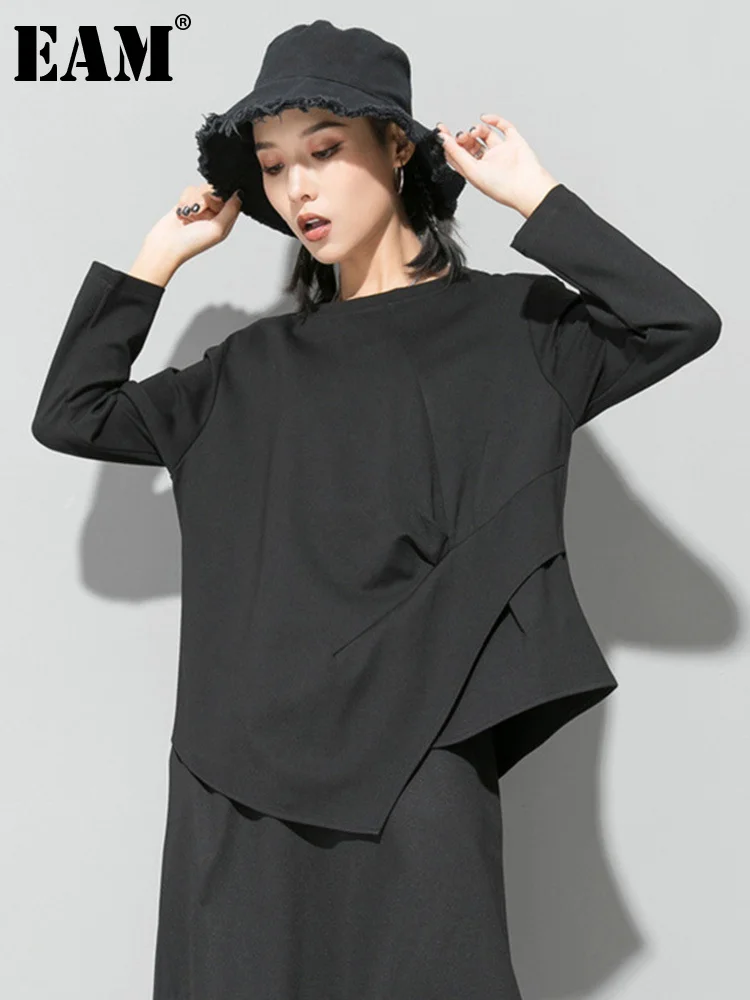 

[EAM] Women Black Asymmetrical Split Joint Loose T-shirt New Round Neck Long Sleeve Fashion Tide Spring Autumn 2023 1D734