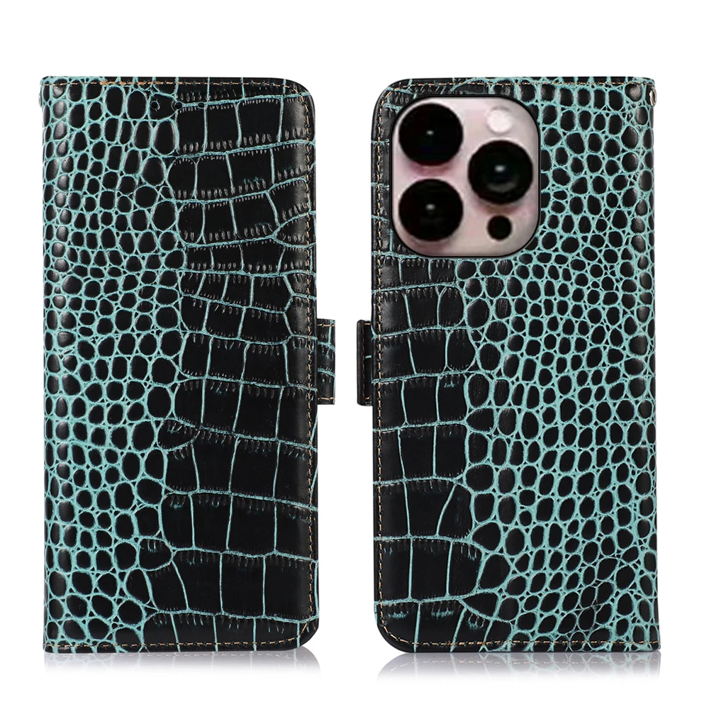 

Genuine Leather Wallet Flip Case For iPhone 14 Pro Max 13 12 Crocodile Grain Magnetic Buckle RFID Blocking Card Slot Book Cover
