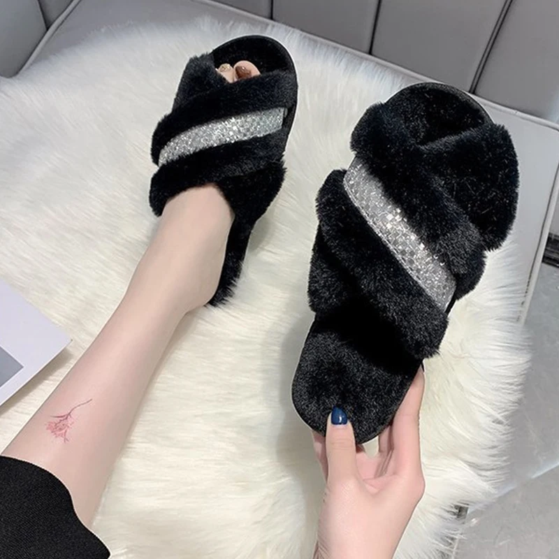 

Women Winter House Furry Slippers Design Rhinestone Woman Cross Fluffy Fur Home Flip Flops Flat Indoor Floor Shoes Ladies Slides