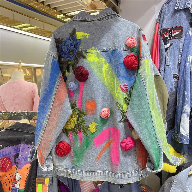 Heavy Embroidered Colorful Three-dimensional Flower Jacket Women Personalized Fashion Graffiti Cowboy Coat Wamen