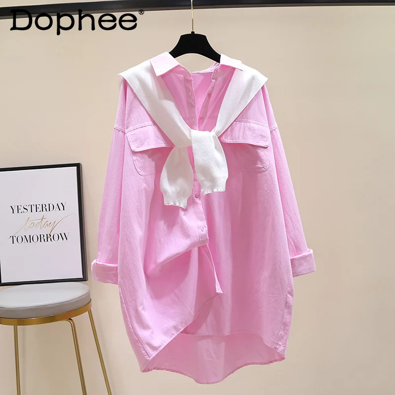 

White Shawl Mid-Length Pink Shirt Women 2 Piece Set 2022 Spring Autumn New Clothes Korean Style Loose Casual Blouse Ladies Top