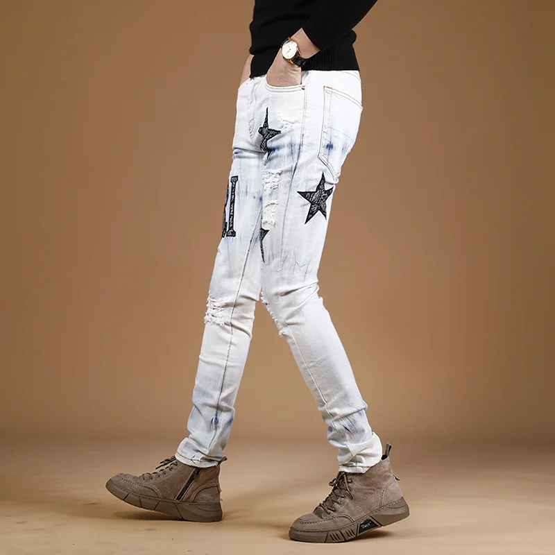 Джинсы мужские новинка весны 2022 леггинсы с принтом облегающие модные корейские
