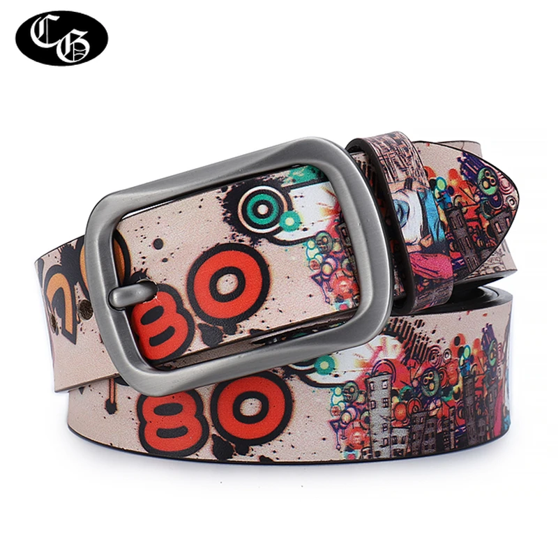 Genuine Leather Printed Belts for Women Second Layer Cowskin Belt Punk Pin Buckle Strap Jeans Graffiti Cinturones Para Hombre