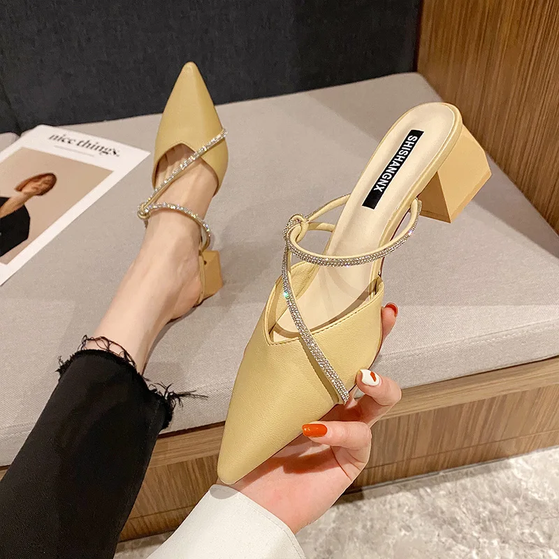 

Pointed-toe lazy person wearing slippers women shoes 2022 spring new fashion mules single shoes thick heel half slippers sandals