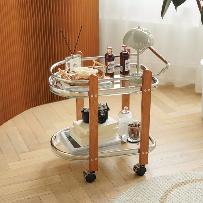 

NEW2023 Middle-Ancient Glass Trolley Nordic Movable Sofa Side Table Household Living Room Simple Storage Rack with Roller