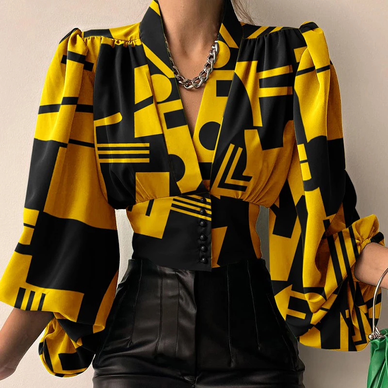 

2022 Spring New Women Retro Blouse and Shirt Elegant Puiff Sleeve V-neck Solid Color Top Female Fashion Button Up Slim Shirts